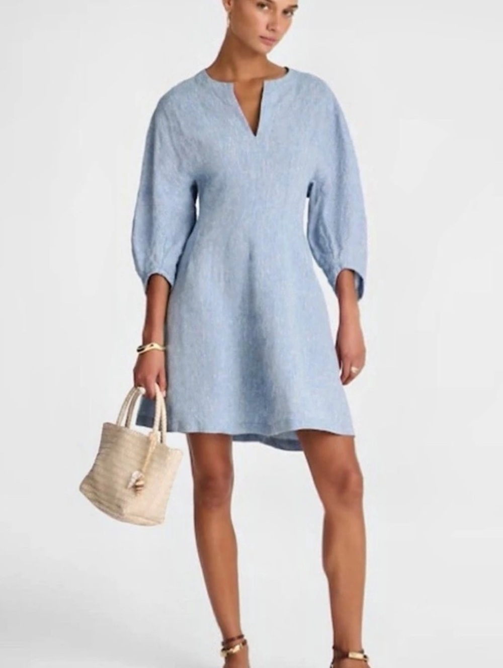 Madewell Splitneck Mini Dress in 100% Linen Mini Dress Blue Size 2